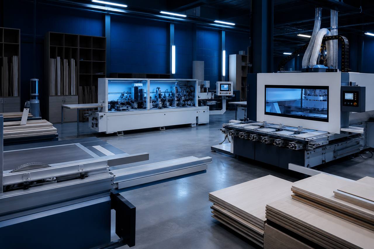 Các máy chế biến gỗ CNC được bố trí trong xưởng